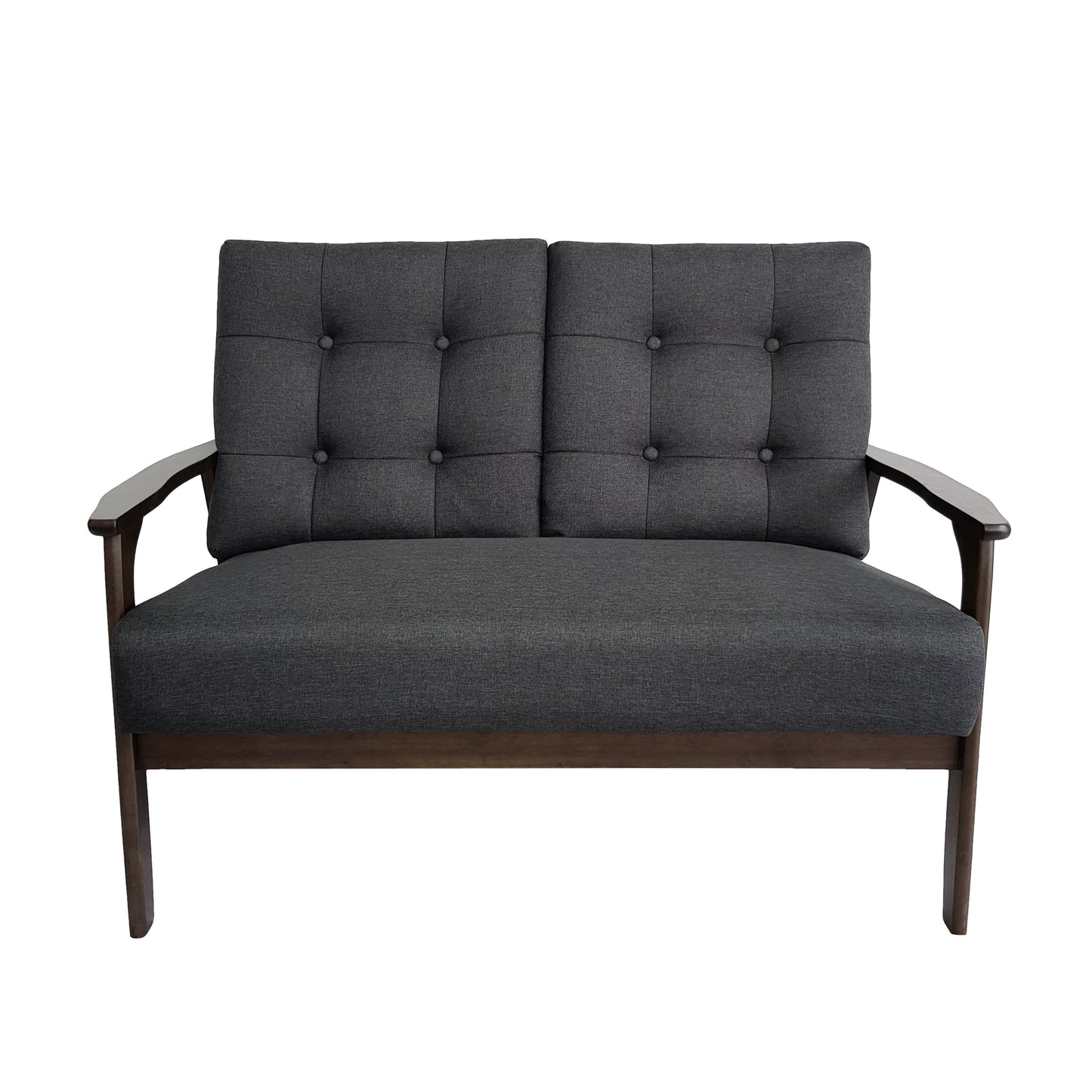 "Luxurious Charcoal Grey 2-Person Sofa – Button-Stitched Fabric Sofa with Walnut Wood Legs"