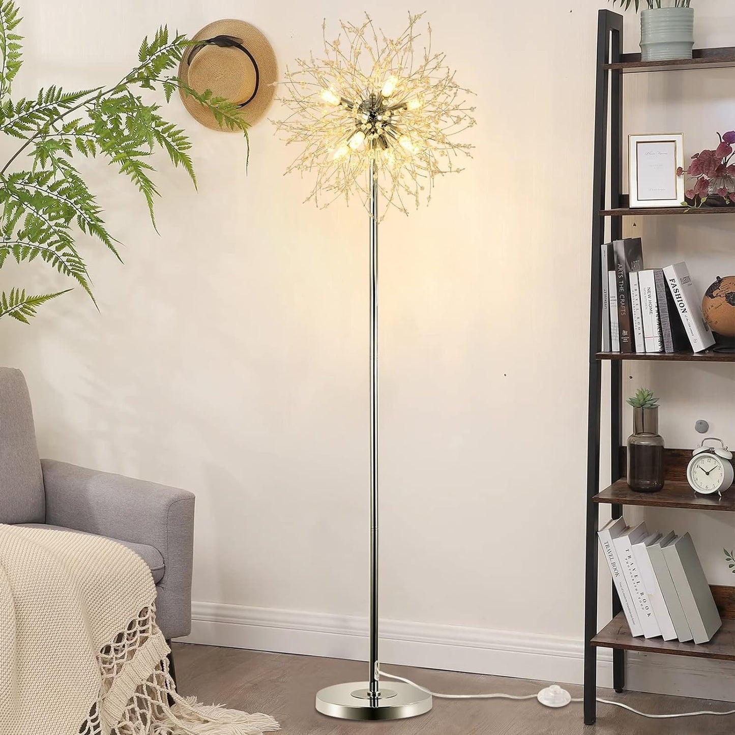 Elegant Crystal Floor Lamp - 69 Inch Modern Sputnik Design, 8-Lamp Heads, Chrome Finish, Living Room & Bedroom Lighting