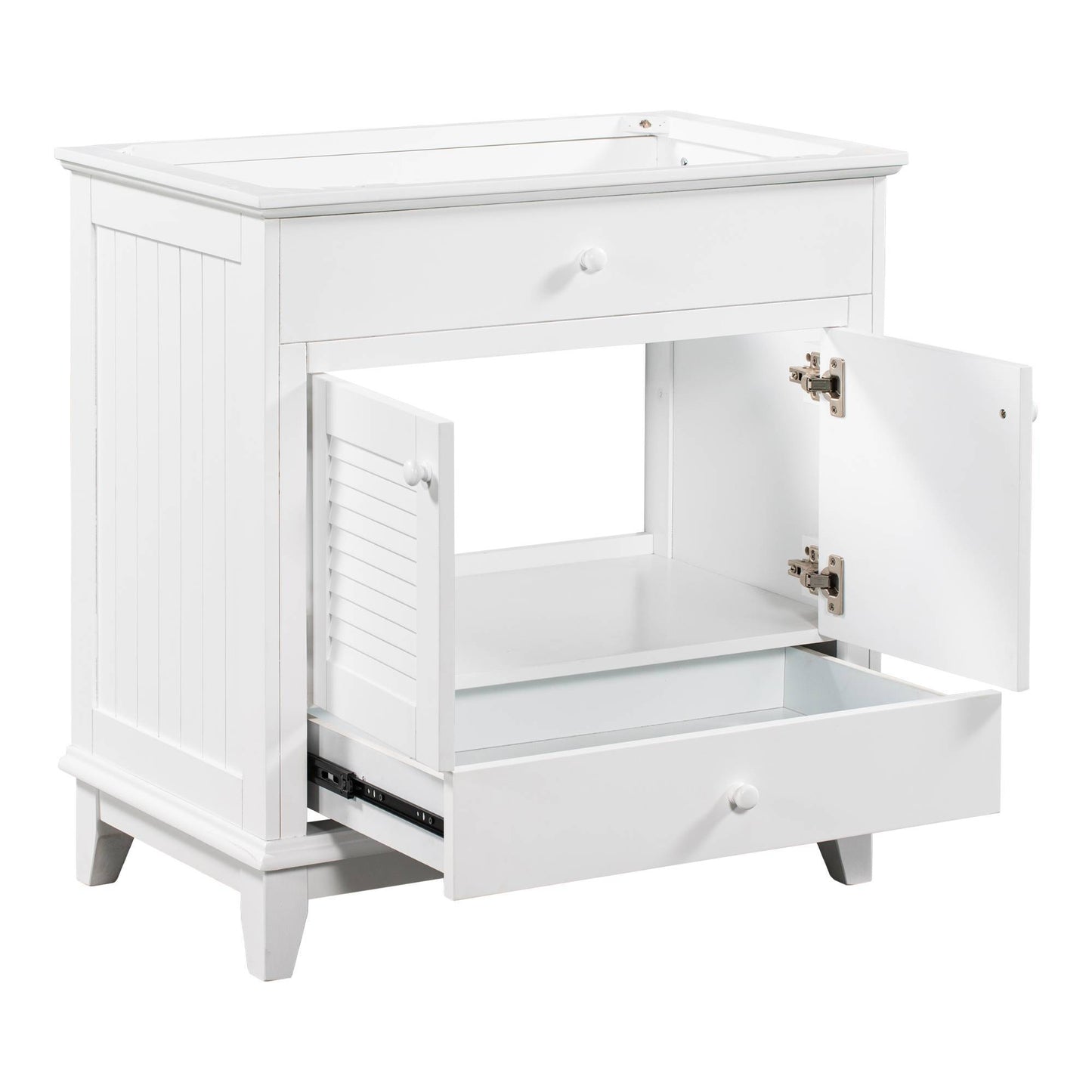 Modern White Bathroom Cabinet Base – Solid Wood Frame, Shutter Door Design, Freestanding Vanity Base