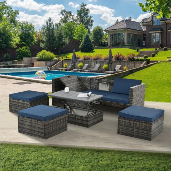 "5-Piece Outdoor Wicker Patio Furniture Set – Dark Gray PE Rattan Sofa with Recliner, Lift-Top Coffee Table, & Footstools for Backyard, Poolside, & Garden"