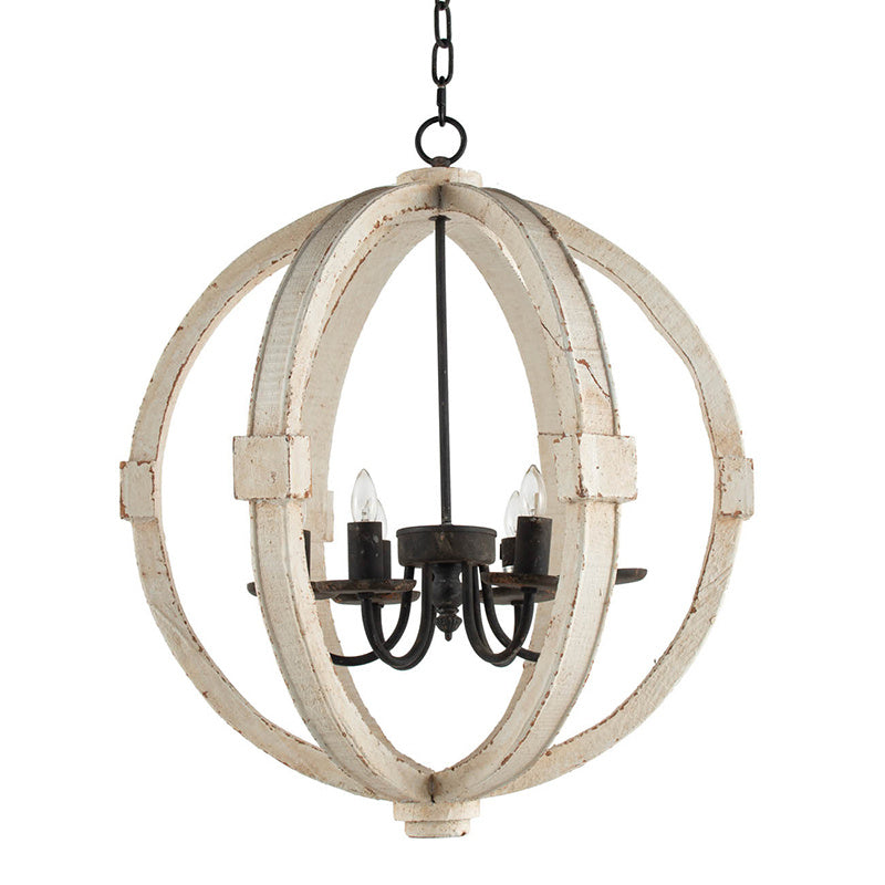 6-Light Wooden Chandelier with Adjustable Chain – Distressed White Finish for Kitchen, Dining Room, and Entryway