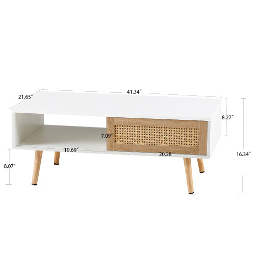 41.34" Rattan Coffee Table with Sliding Door Storage & Solid Wood Legs – Modern White Coffee Table for Living Room & Office