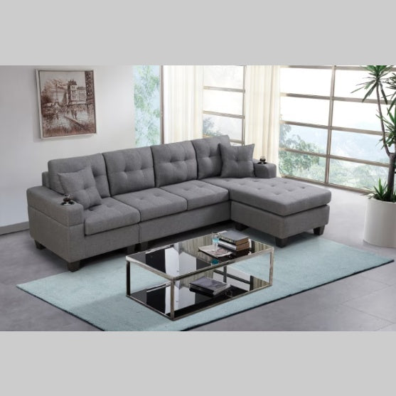 "Modern Grey Sectional Sofa – Comfortable Fabric Couch with Cup Holders & Pillows, Durable Design"