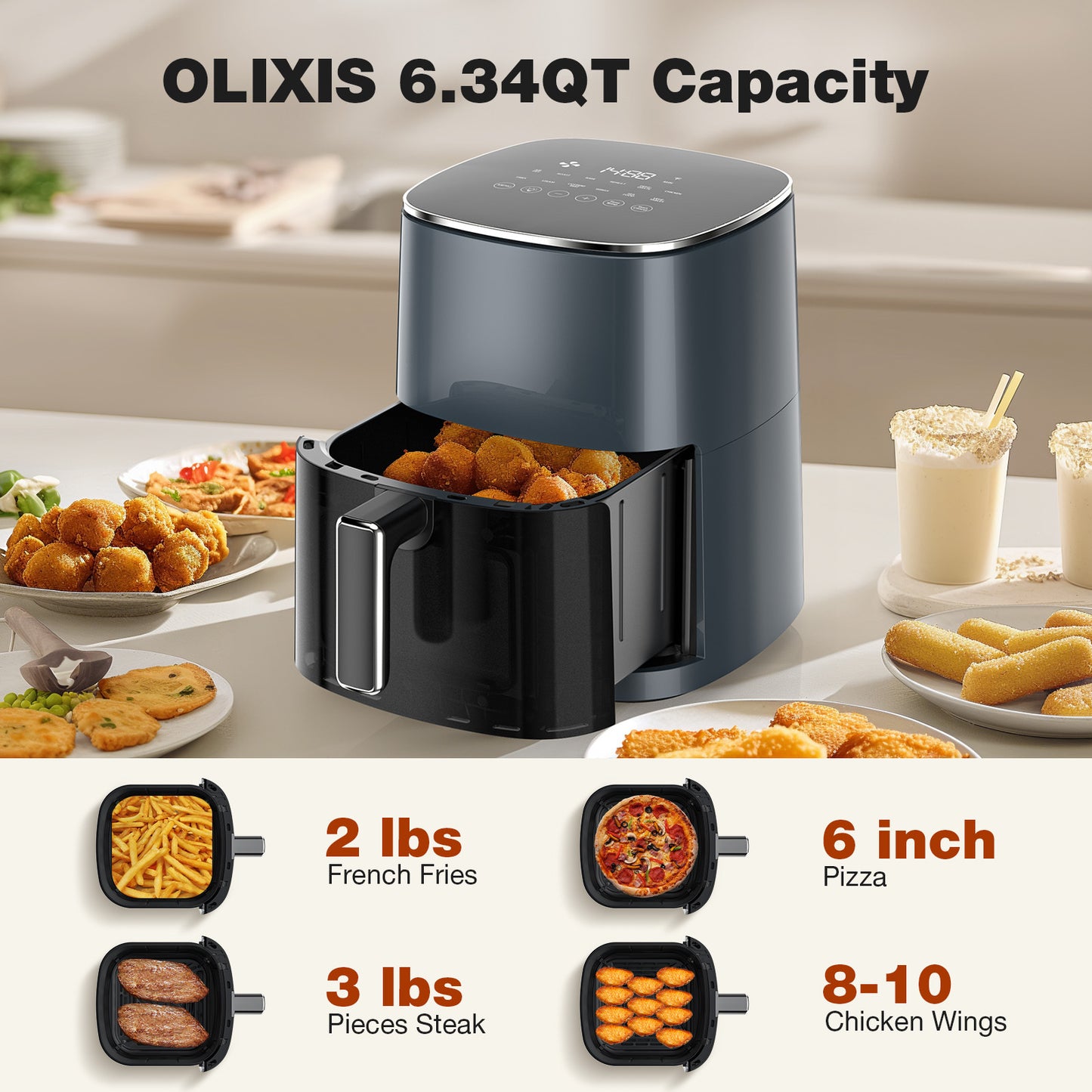 OLIXIS 6.34QT Air Fryer - Large Capacity, Convenient Viewing Window, Dishwasher Safe, Safe & Nontoxic Materials (Beige & Gray)