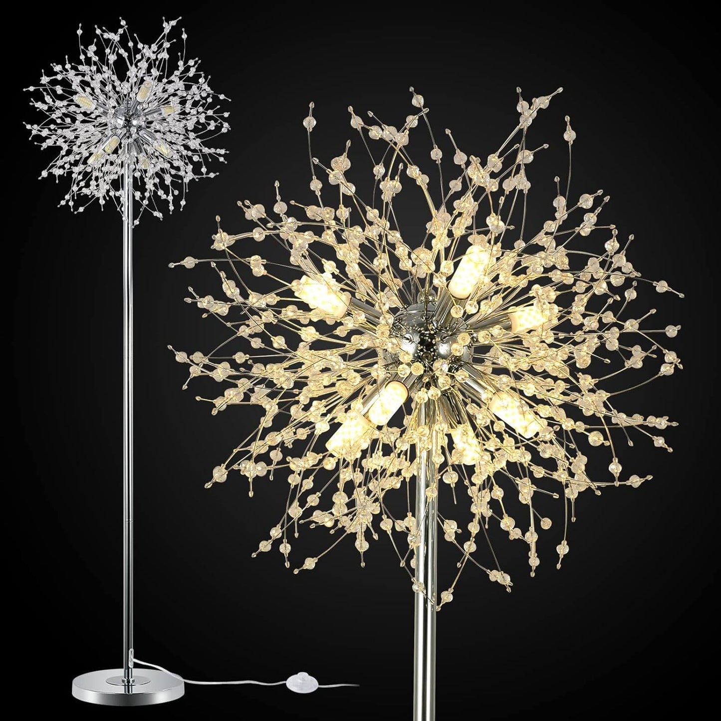 Elegant Crystal Floor Lamp - 69 Inch Modern Sputnik Design, 8-Lamp Heads, Chrome Finish, Living Room & Bedroom Lighting