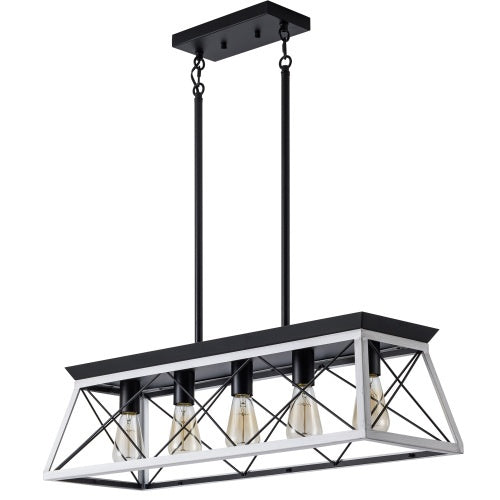 5-Light Farmhouse Chandelier - White & Black Pendant Light for Dining Room, Kitchen, Living Room (Bulbs Not Included)