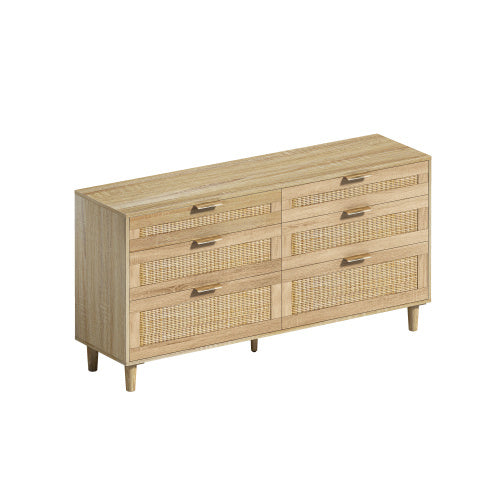 59" Rattan 6-Drawer Dresser with Metal Handles & Wood Legs - Storage Cabinet for Bedroom, Living Room, Hallway (Natural)