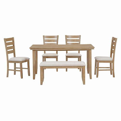 TREXM Dining Table and Chairs with Benches, 6-Piece Country Wood Dining Set (Natural Wood Wash)