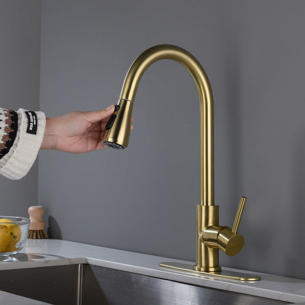 "Brushed Gold Kitchen Faucet with Pull-Down Sprayer - 360° Swivel Spout, Single Handle, Ceramic Valve - Easy Installation & Maintenance"