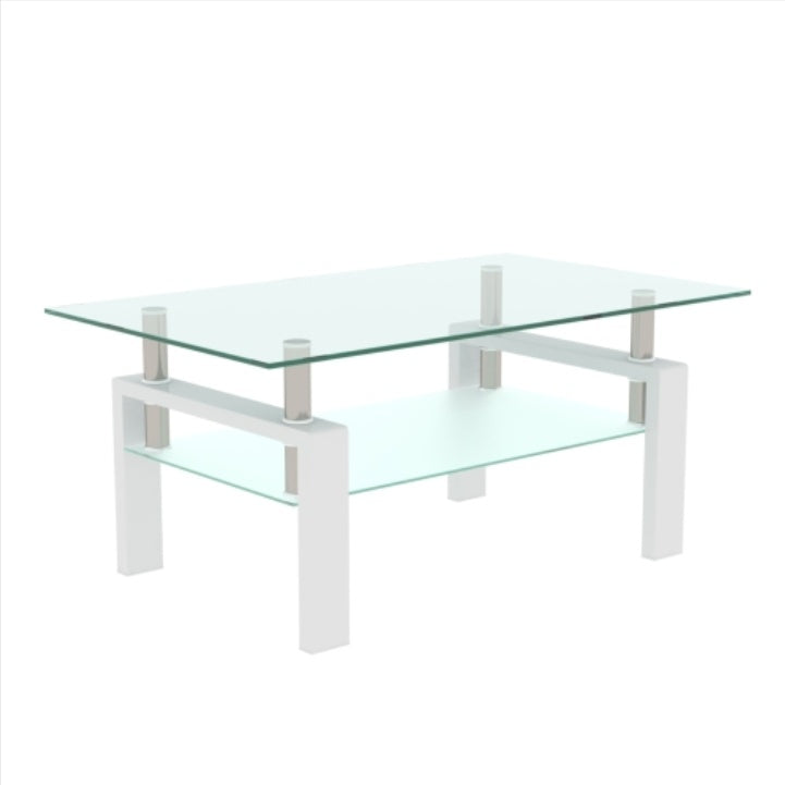 Modern White Coffee Table with Clear Glass Top – Double Layer Storage & Metal Legs for Living Room