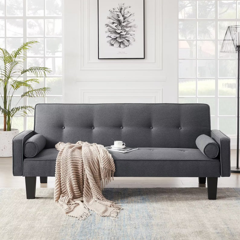 "Modern Dark Grey Fabric Love Seat Sofa – Button Tufted Design with Pillows, Pull Point Backrest, Ideal for Living Room"