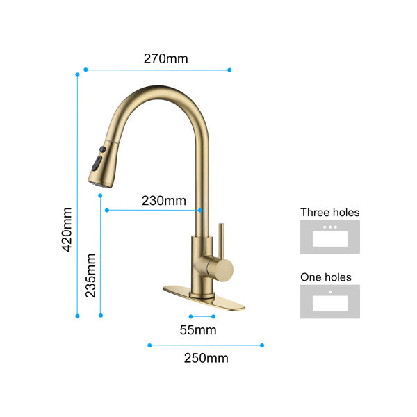 "Brushed Gold Kitchen Faucet with Pull-Down Sprayer - 360° Swivel Spout, Single Handle, Ceramic Valve - Easy Installation & Maintenance"