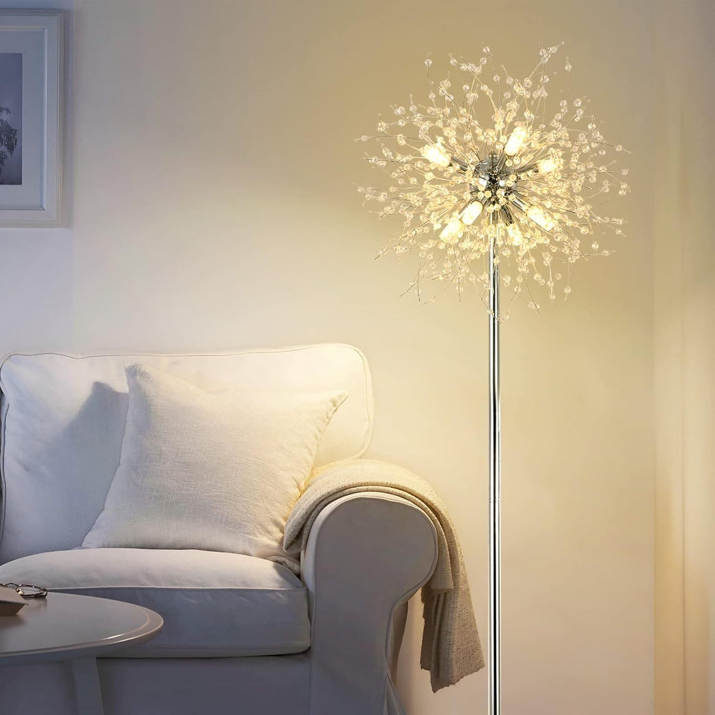 Elegant Crystal Floor Lamp - 69 Inch Modern Sputnik Design, 8-Lamp Heads, Chrome Finish, Living Room & Bedroom Lighting