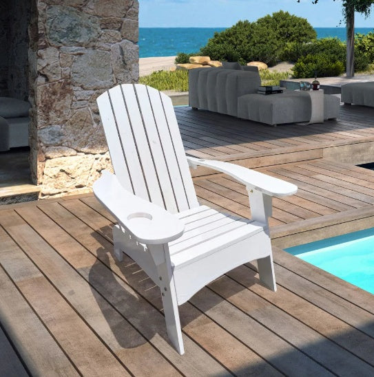 White Outdoor/Indoor Wooden Adirondack Chair with Umbrella Hole - Solid Wood, Relaxing Reclining Seat