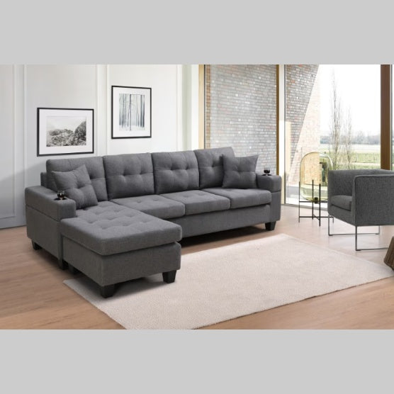 "Modern Grey Sectional Sofa – Comfortable Fabric Couch with Cup Holders & Pillows, Durable Design"