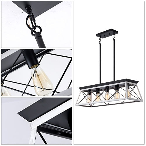 5-Light Farmhouse Chandelier - White & Black Pendant Light for Dining Room, Kitchen, Living Room (Bulbs Not Included)