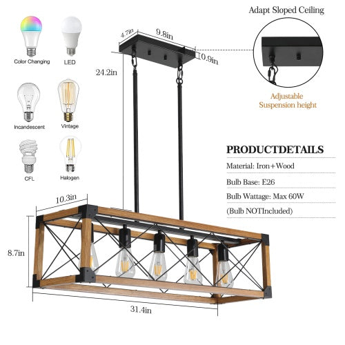 5 Lights Vintage Farmhouse Chandelier For Kitchen, Living Room, Dining Room Walnut - No Bulbs Unavailable Platforms