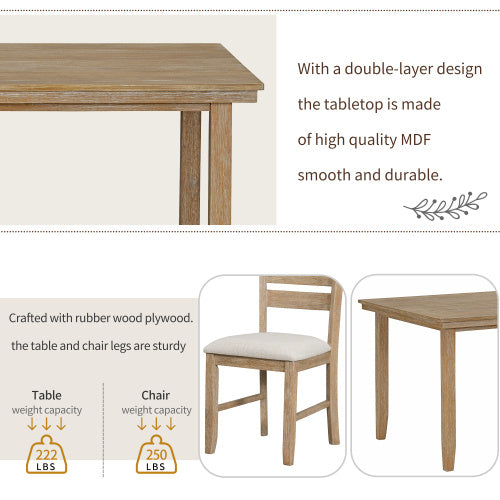 TREXM Dining Table and Chairs with Benches, 6-Piece Country Wood Dining Set (Natural Wood Wash)