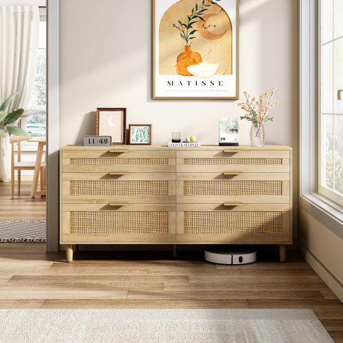 59" Rattan 6-Drawer Dresser with Metal Handles & Wood Legs - Storage Cabinet for Bedroom, Living Room, Hallway (Natural)