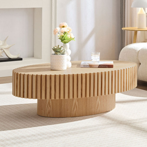 Modern Handcraft Drum Coffee Table – 43.7” Oval Coffee Table with Sturdy Pedestal Base for Living Room, Natural Ash MDF