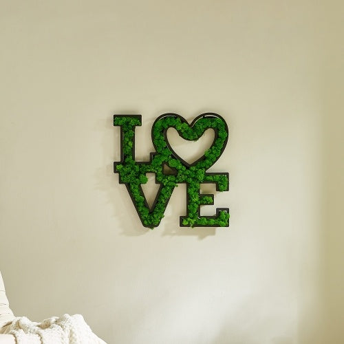 "LOVE" Letter Art Moss Wall Decoration - Eco-Friendly, Low Maintenance, Wrought Iron Frame - Romantic Green Home Decor with Heart Design